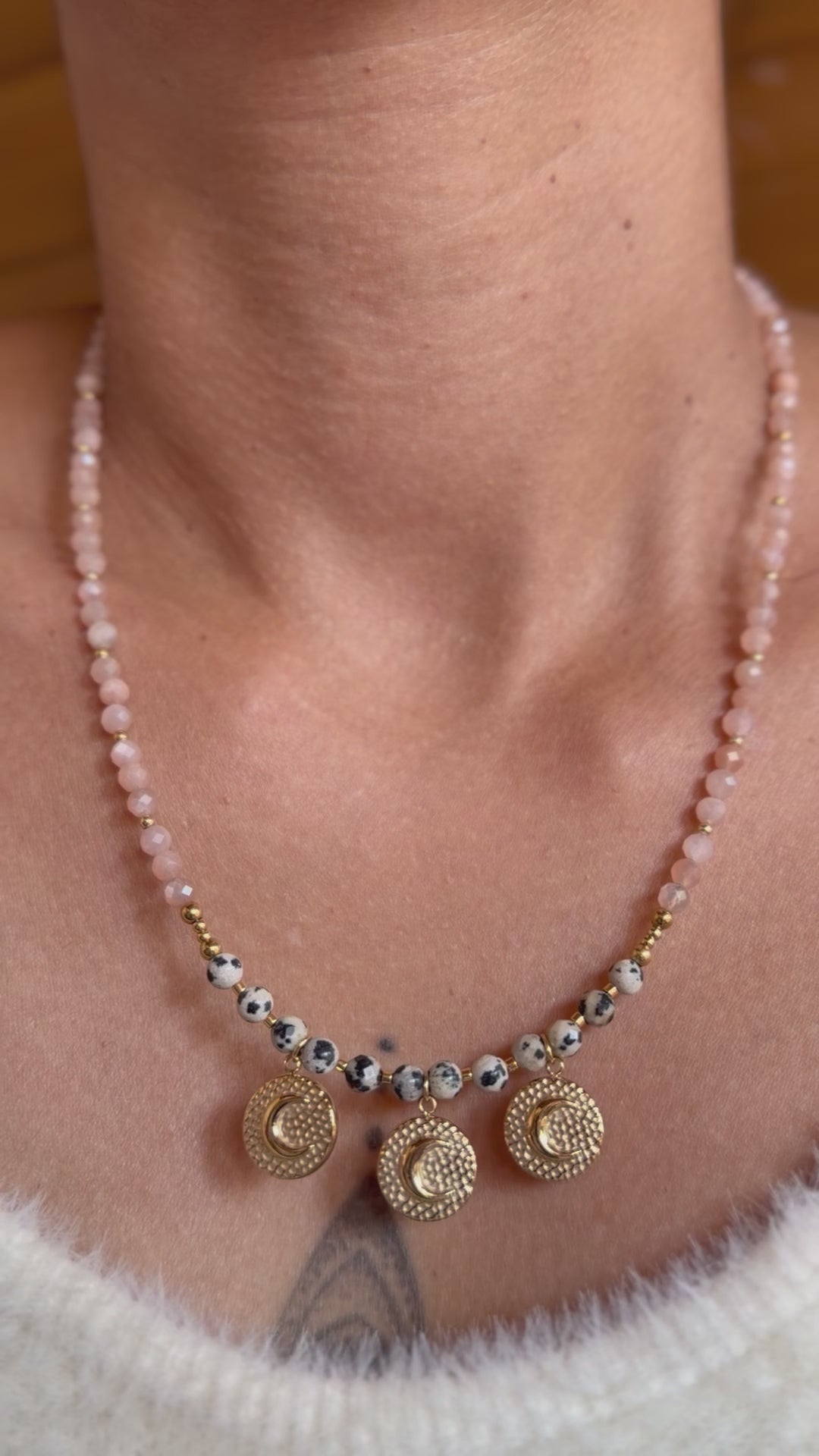 Collier Luna - Pierre de lune orange et jaspe dalmatien
