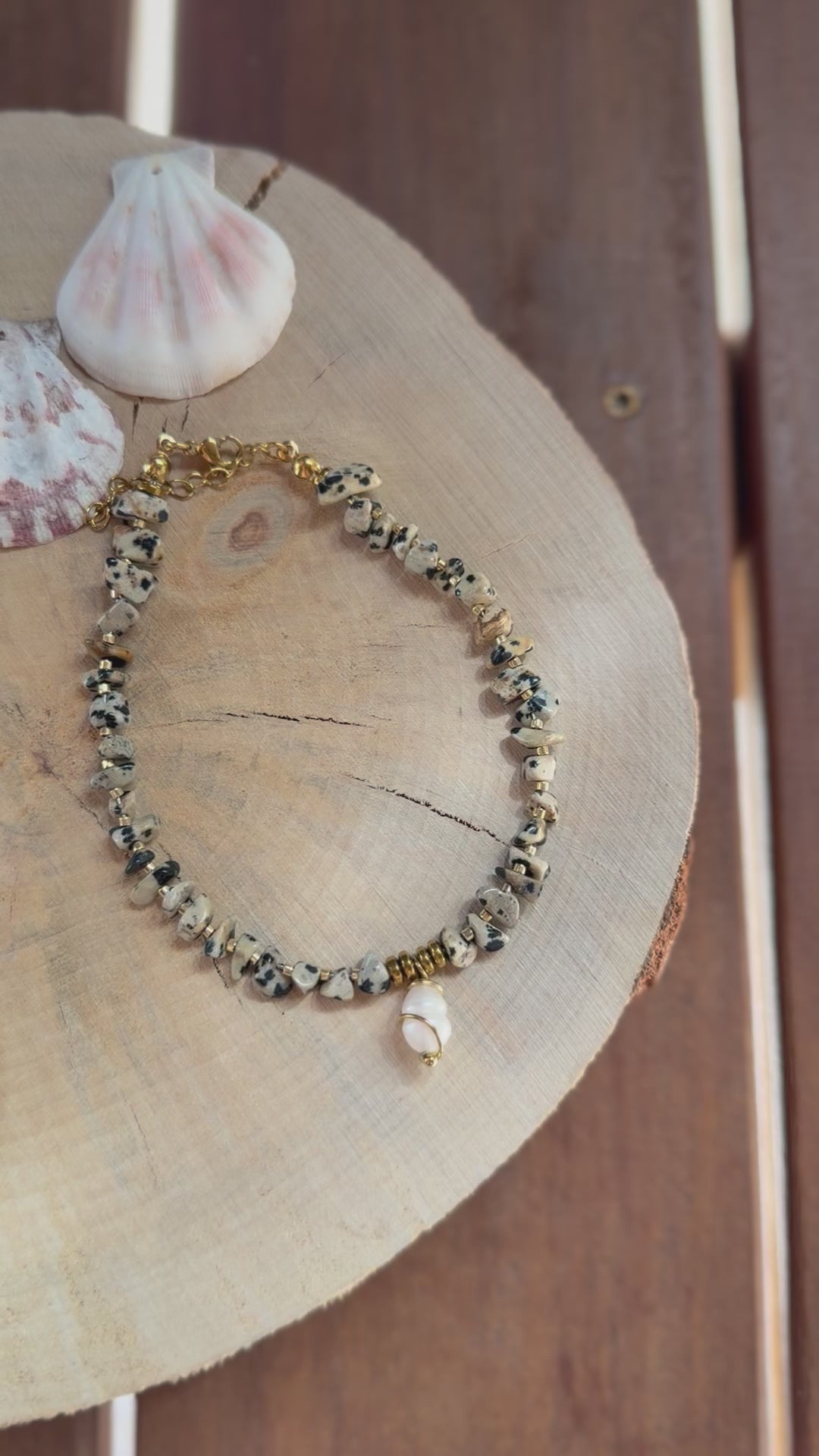 Chaîne de Cheville Jaspe Dalmatien & Perles d’Eau Douce
