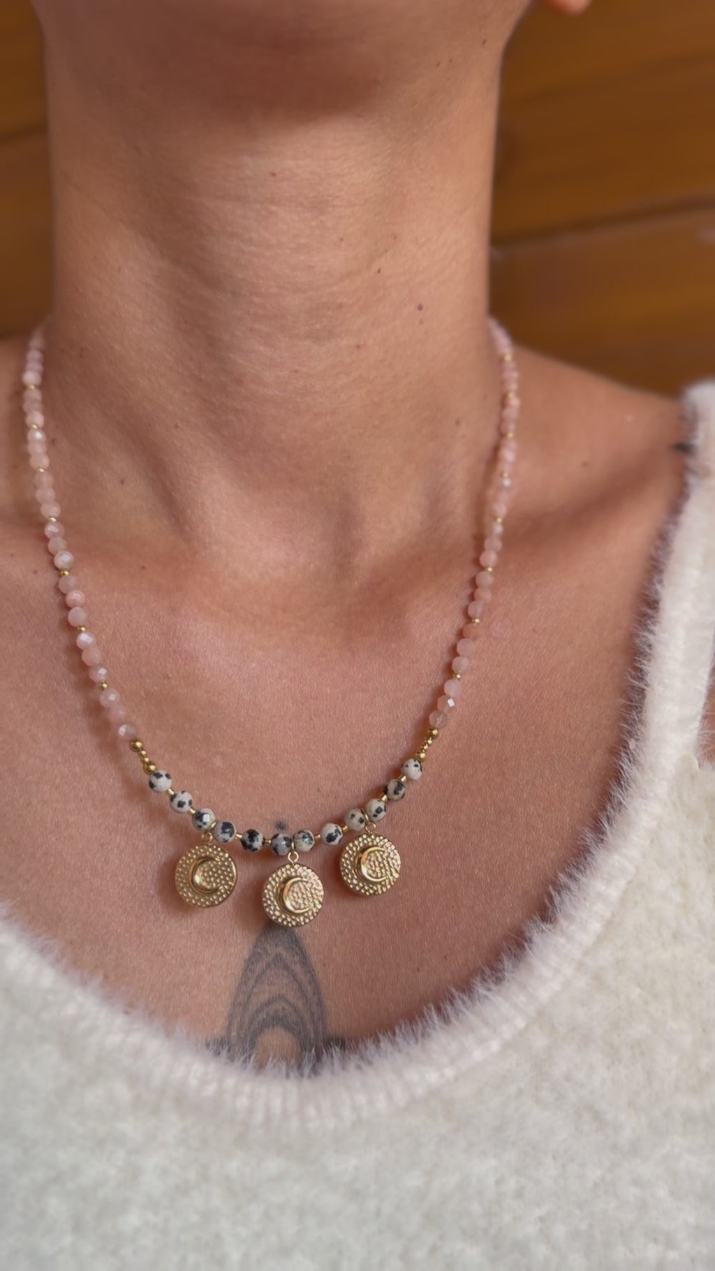 Collier Luna - Pierre de lune orange et jaspe dalmatien