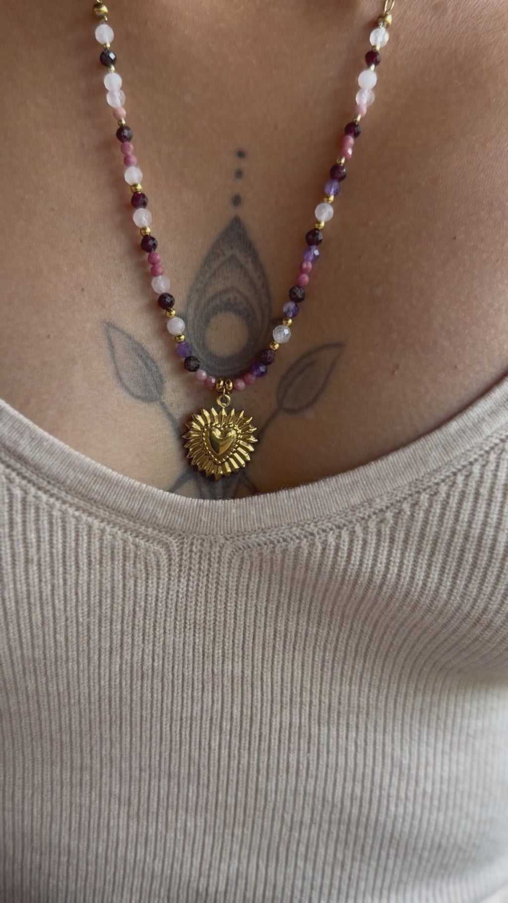 Collier Kalia – Quartz rose, rhodonite, grenat et améthyste