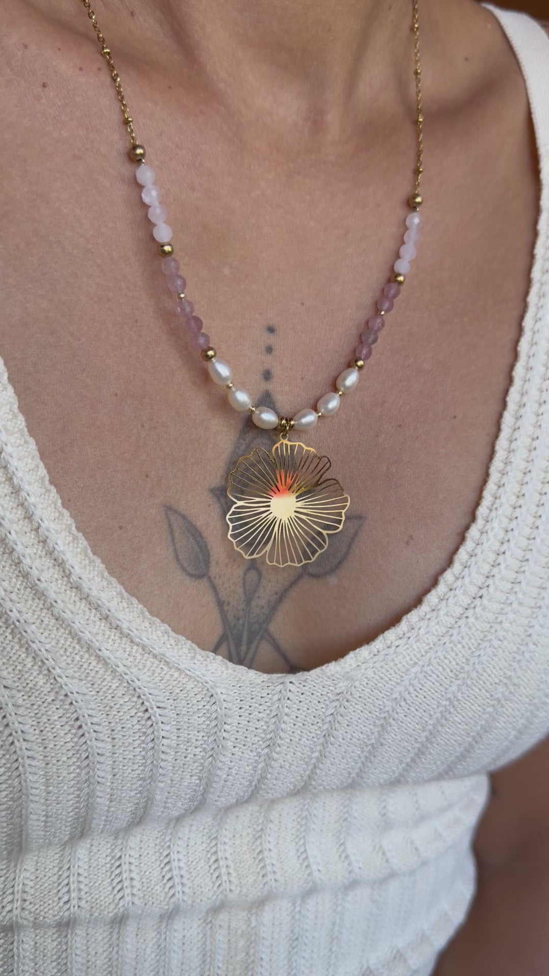 🌸 Collier Éloria - Quartz rose - Quartz Fraise - Perles d'eau douce